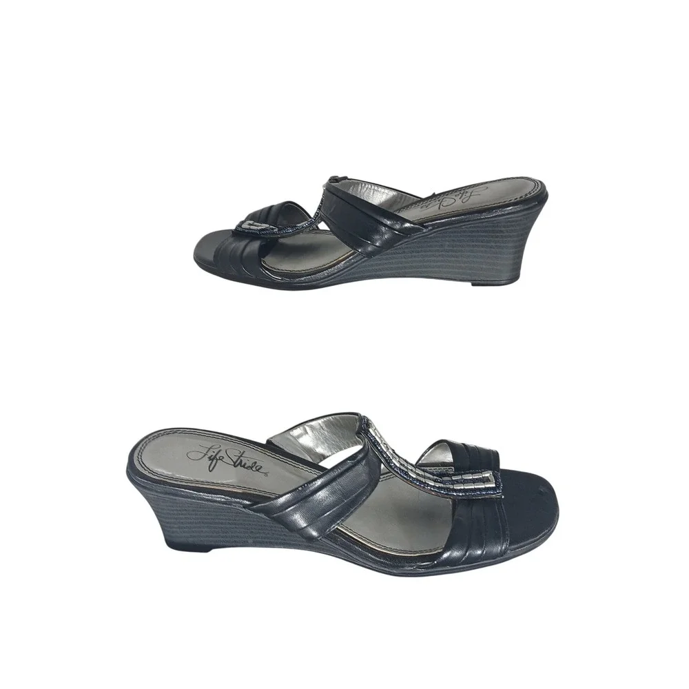 LifeStride Solaris Wedge‎ Sandals 8M Black Beaded T-Strap Slip On Y2K Officecore